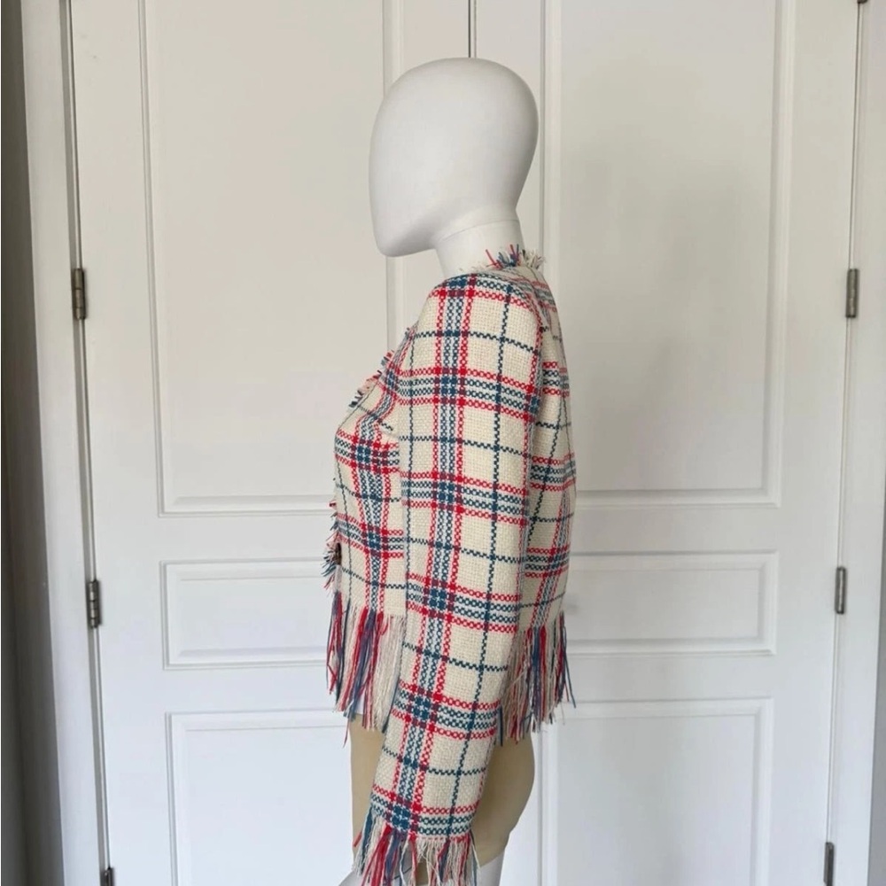 Veronica Beard Marlton White Blue Red Plaid Tweed Fringe Blazer Jacket Size 4 - Picture 15 of 16